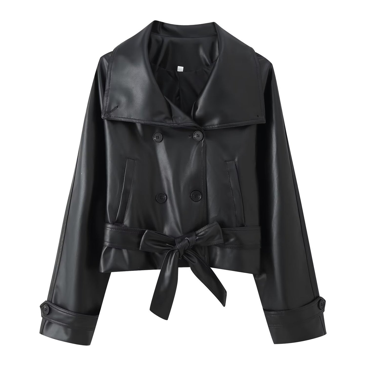 Ladies Long Sleeve Patent Leather Lapel Cropped Coats