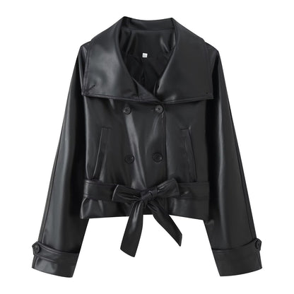 Ladies Long Sleeve Patent Leather Lapel Cropped Coats