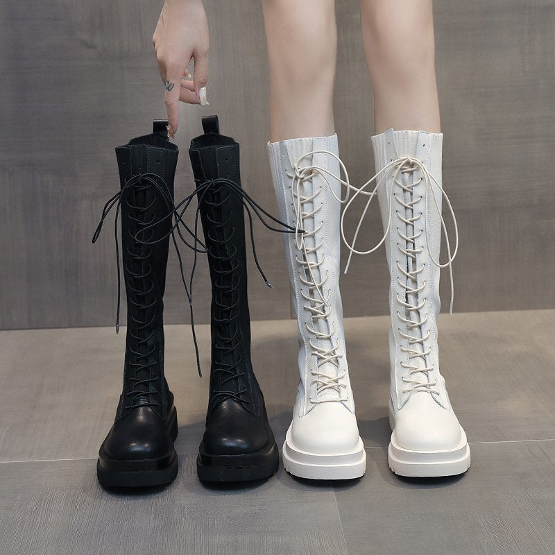 Trendy High Heel Cross Laced Up Mid Calf Boots