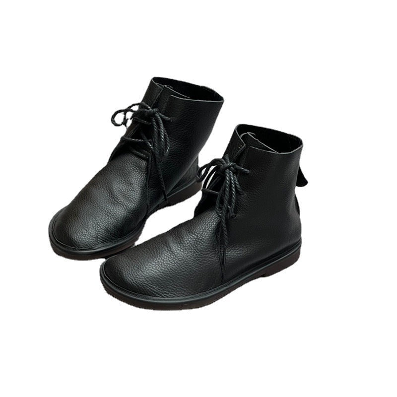 Womens Retro Carved Genuine Leather Ankle Boots British Style Round Toe Autumn Winter Shoes