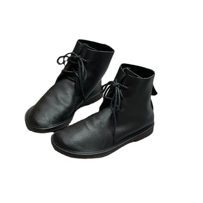 Womens Retro Carved Genuine Leather Ankle Boots British Style Round Toe Autumn Winter Shoes