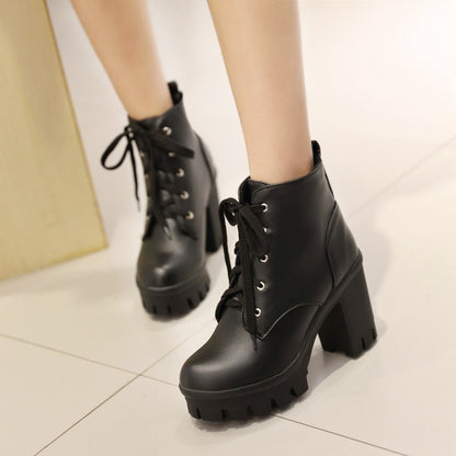 Platform High Heel Boots for Women – Waterproof Lace-Up European & American Fashion