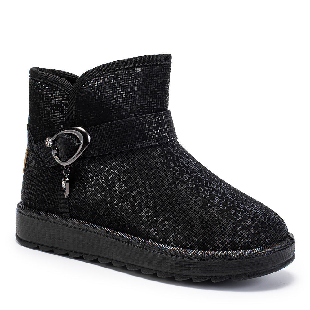 Slip-On Fleece-Lined Snow Boots for Women | Mid-Top Ankle Winter Boots with Sequin Detail