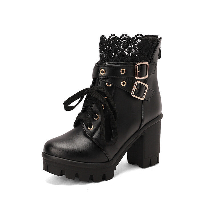 Lace-Up Ankle Boots for Women | Martin-Style PU Leather Boots with Square Thick Heel & Waterproof Platform