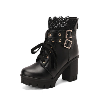 Lace-Up Ankle Boots for Women | Martin-Style PU Leather Boots with Square Thick Heel & Waterproof Platform