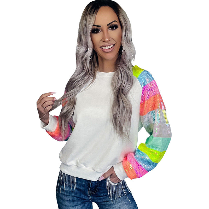 Women’s Casual Pullover Top – Round Neck, Long Sleeves with Sequins, Japanese & Korean Style