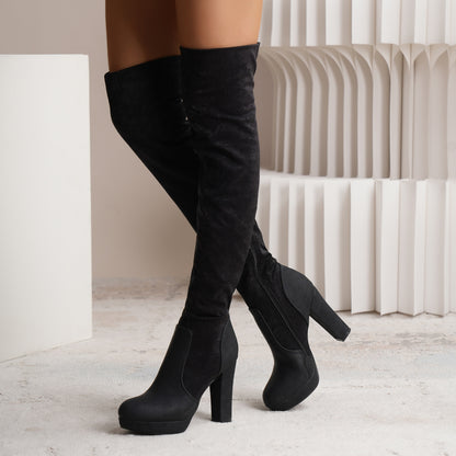 Elastic Suede Over-the-Knee Boots for Women | Square Heel High Shaft Winter Fashion Boots