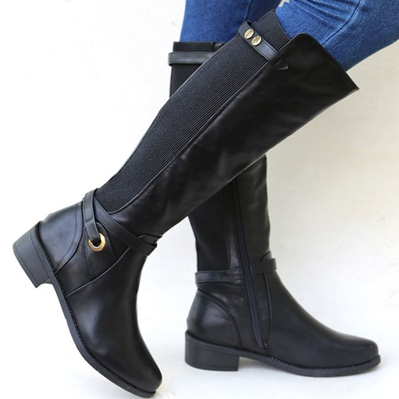 Plus Size Long Tube Boots for Women | Chunky Mid Heel PU Leather Boots