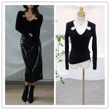 Black Fashion Knitwear V-Neck Sweaters for Women – Cozy Pullover, Stylish Winter & Fall Outfit