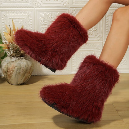 Mid-Tube Furry Cotton Snow Boots for Women | Warm PU Winter Boots Outfit