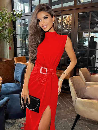 Elegant Belt Waist Women Bandage Party Dress