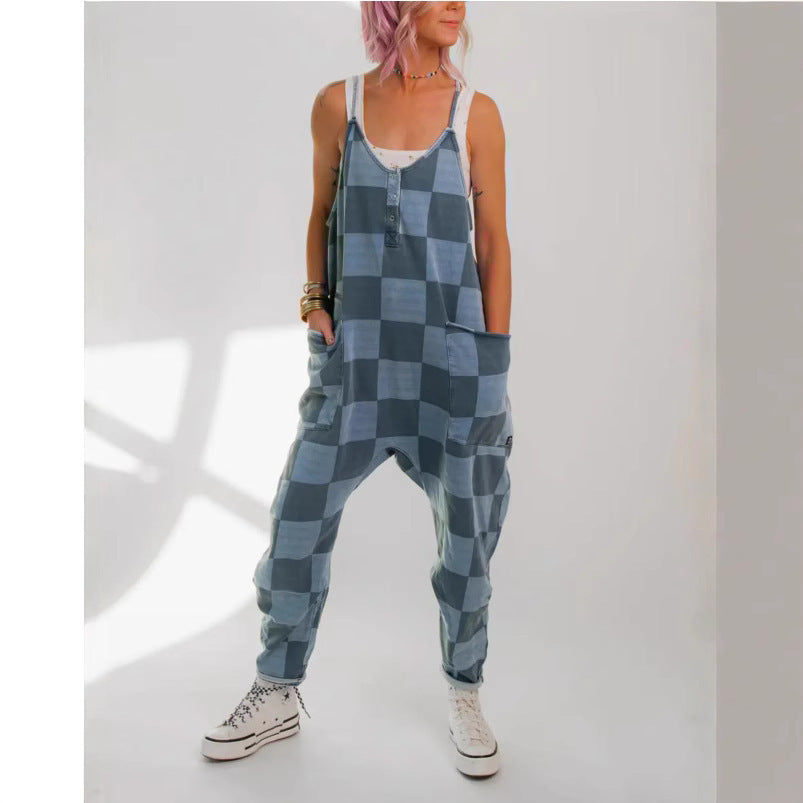 Women Fashion Plaid Jumpsuit Romper