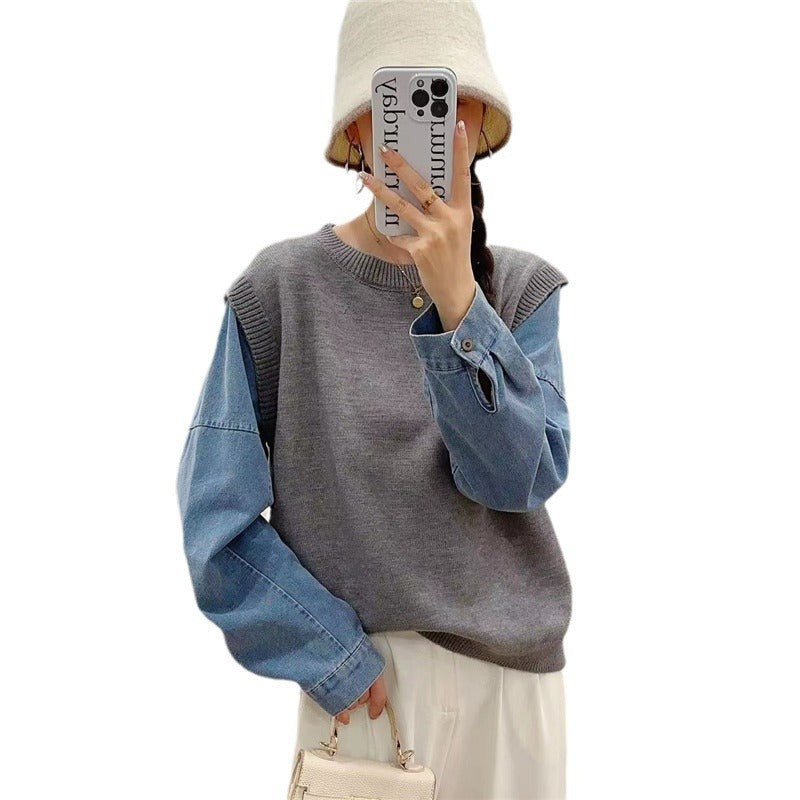 Loose Fit Fake Two-Piece Sweater Women's 3D Pattern Sweaters
