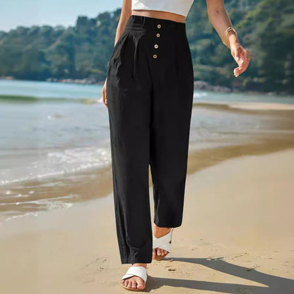 Women’s Casual High Waist Cotton-Linen Trousers – Breathable Straight-Leg Pants