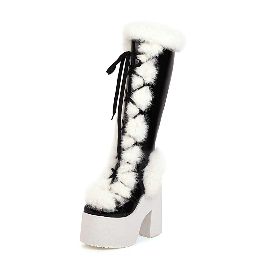 Tassel Rope Design High Heeled Long Snow Boots