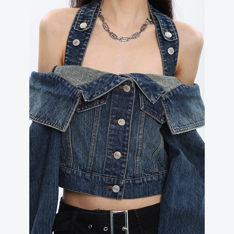 Open Shoulder Irregular Style Crop Denim Coat For Women