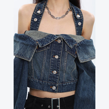Open Shoulder Irregular Style Crop Denim Coat For Women