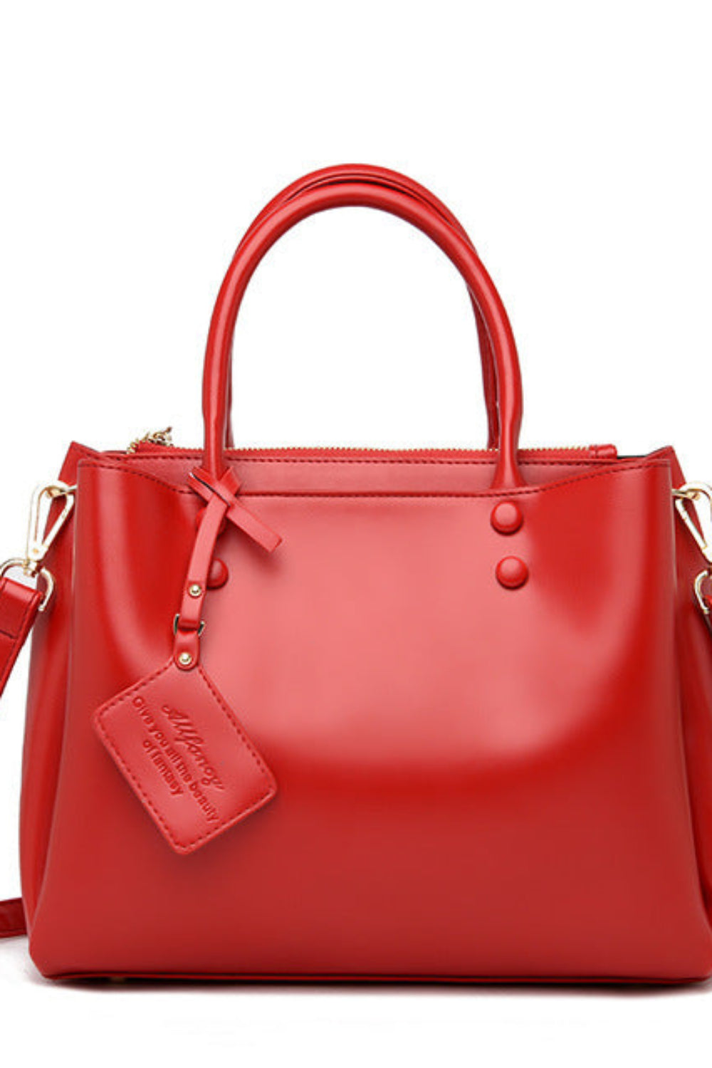 Red handbag with gold accents on a white background