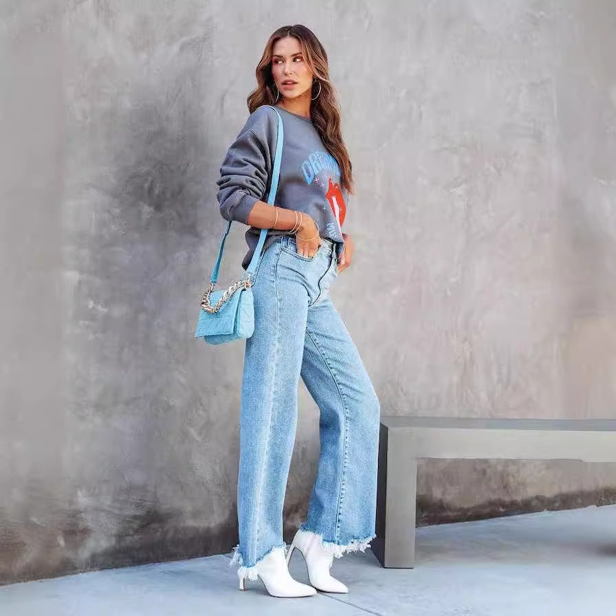 Women’s Fashion Casual Tassel Denim Trousers – Street Style Loose Fit Pants