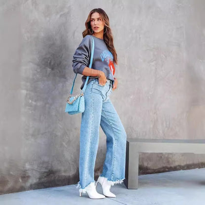 Women’s Fashion Casual Tassel Denim Trousers – Street Style Loose Fit Pants