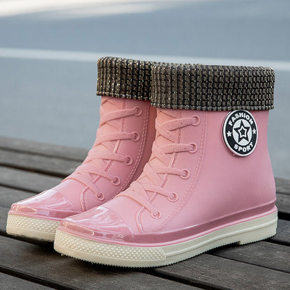 Chic Ankle-Length PVC Rain Boots for Women | Flat Heel Fleece-Lined Footwear