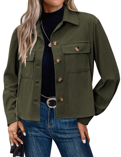Women’s Corduroy Button Cropped Jacket – Long Sleeve Polyester Coats & Jackets 2025