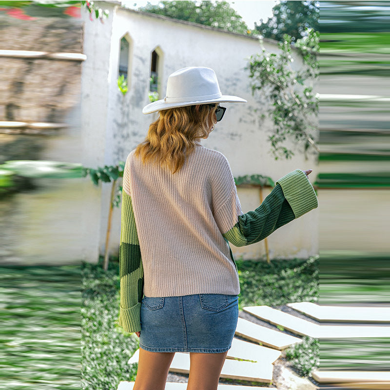Chic Green Colorblock Turtleneck Sweater for Cozy Autumn Vacation Style