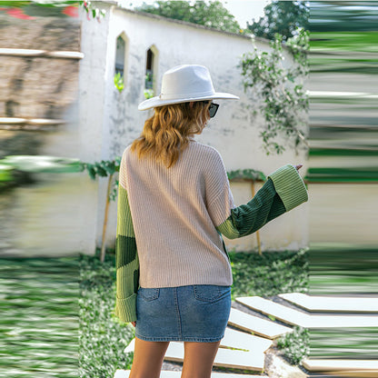 Chic Green Colorblock Turtleneck Sweater for Cozy Autumn Vacation Style