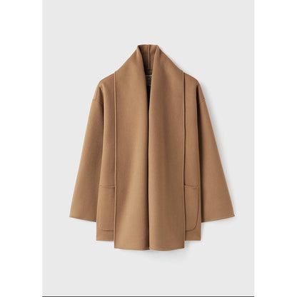 Camel Wool Scarf-Collar Coat for Women – Elegant Loose Winter Overcoat