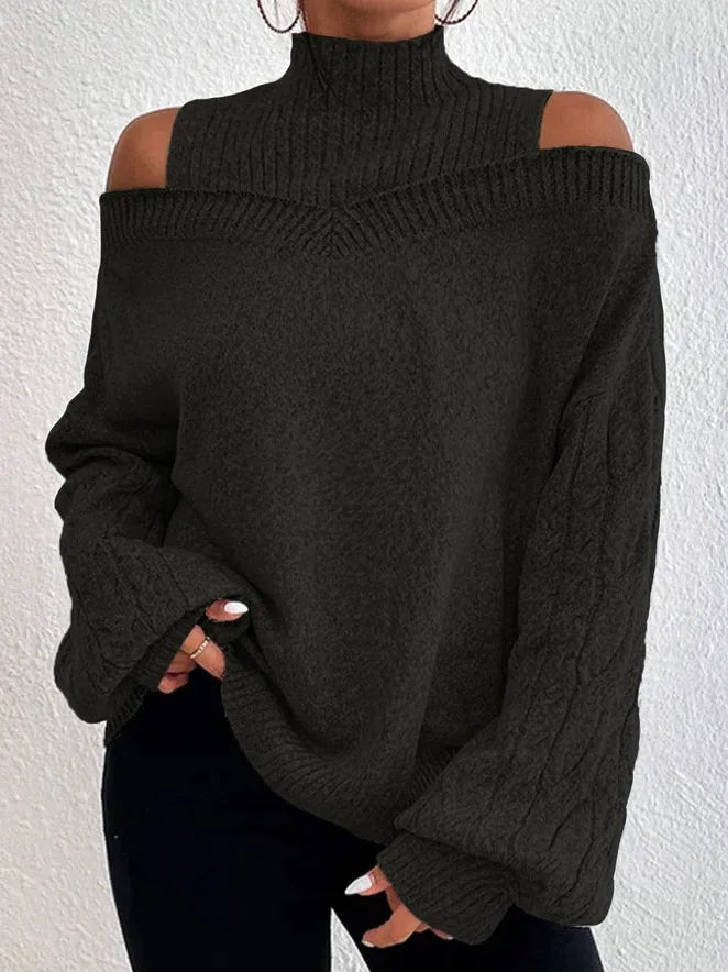 Off-Shoulder High Neck Sweater – European & American Style, Loose Fit Long Sleeve Knit Cardigan for Autumn & Winter