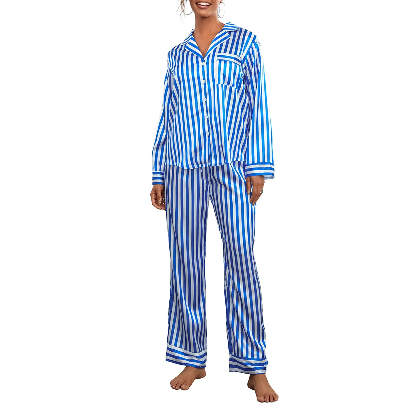 Striped Long Sleeve Satin Women's Christmas Pajama Sets