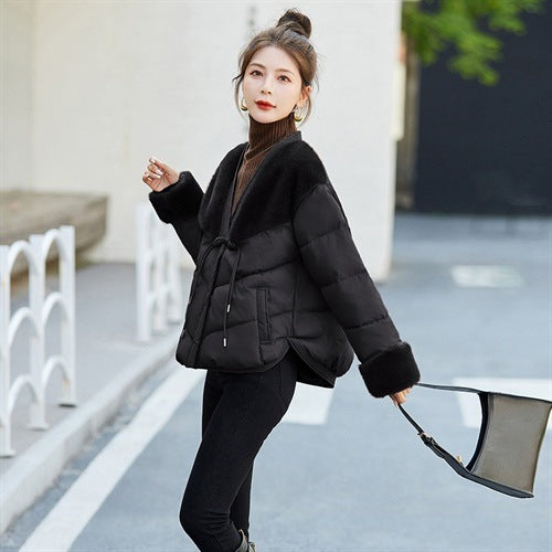 Women Cotton Padded Down Fur Hooded Edge Warm Parka
