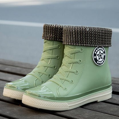 Chic Ankle-Length PVC Rain Boots for Women | Flat Heel Fleece-Lined Footwear