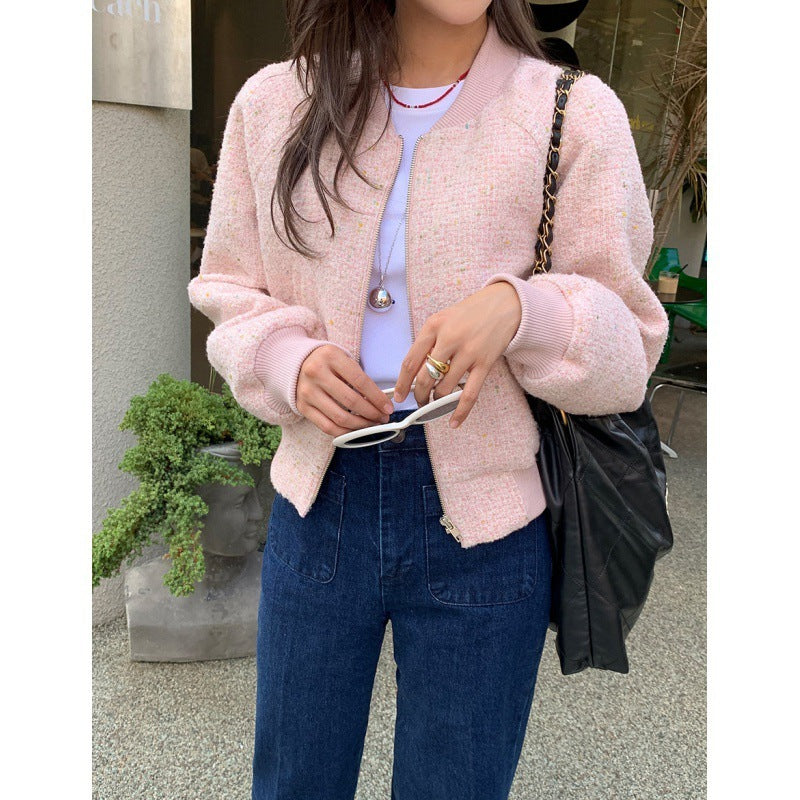 Korean Office Style Round Neck Tweed Jacket