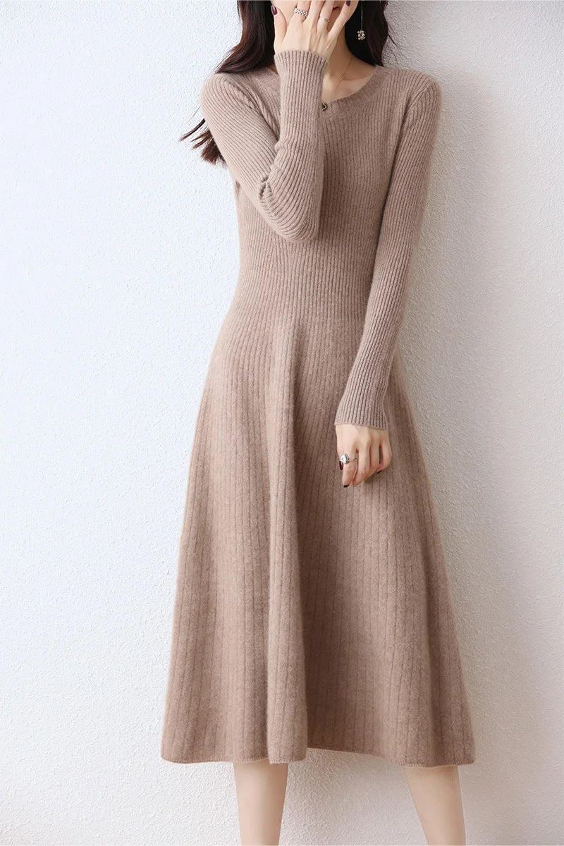 Monochromatic Round Neck Merino Wool Women Long Sweater Dress