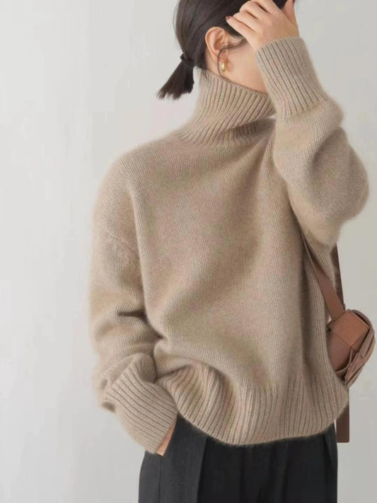 Pure Merino Wool Sweater – 100% High Lapel Pullover for Women, Casual Loose Fit Thick Knitted Top for Autumn & Winter