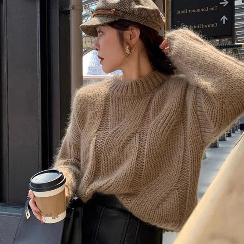 Autumn/Winter Slouchy Fried Dough Twists Sweater for Women – Korean Gentle Style, Long Sleeve Loose Pullover, Knitted Tops