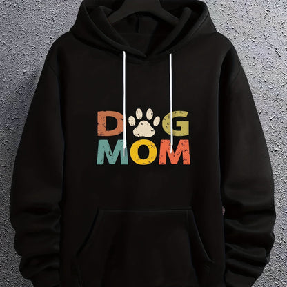 Men’s “DOG MOM” Letter Print Hoodie – Street Style Pullover with Kangaroo Pocket
