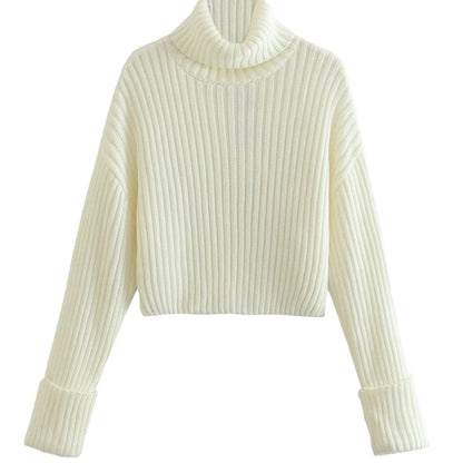 Thick Ultra-Short Pullover Style Women's Striped Turtleneck Sweater