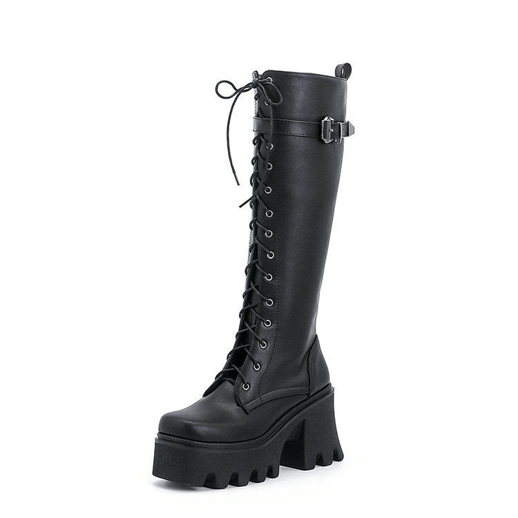 British-Style High PU Leather Knight Boots for Women | Square Toe High Heel Winter Boots
