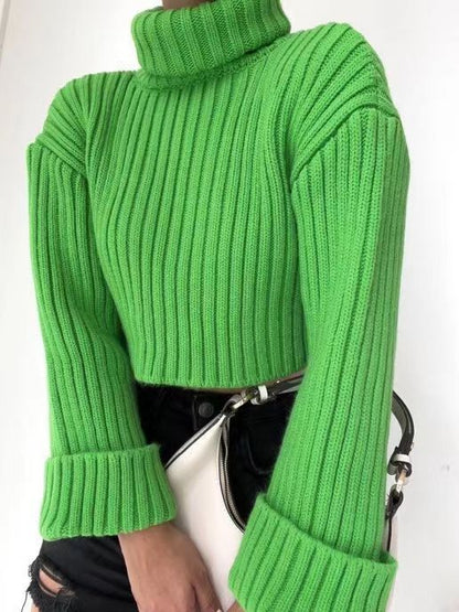 Thick Ultra-Short Pullover Style Women's Striped Turtleneck Sweater