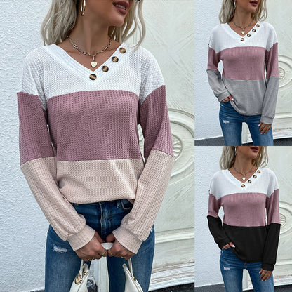 Trendy Color Block Waffle Knit Pullover – V-Neck Loose Sweater for Women