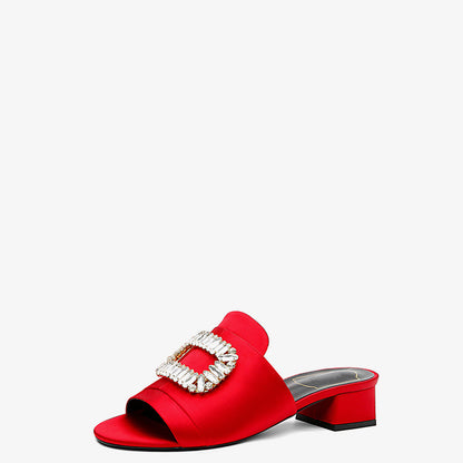 Square Rhinestones Decor Low Heel Women Summer Slippers