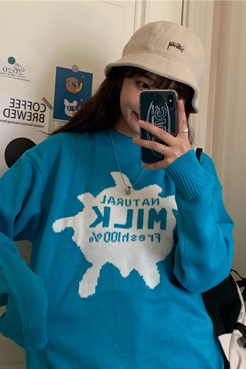 Loose Japanese Cartoon Anime Sweater – Retro Blue Pullover