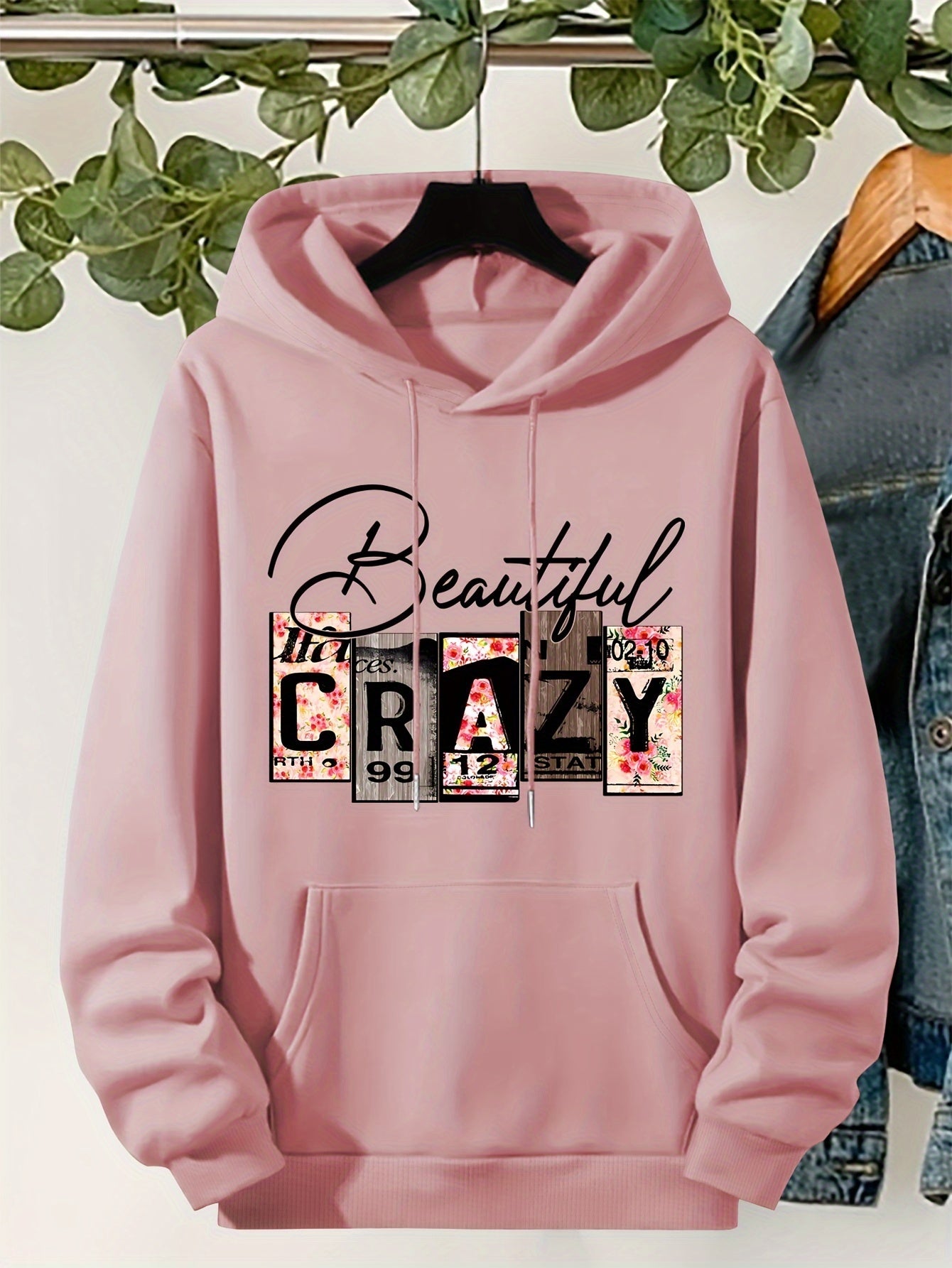 Plus Size CRAZY Print Hoodie – Women’s Casual Pullover Sweatshirt with Kangaroo Pocket for Fall/Winter