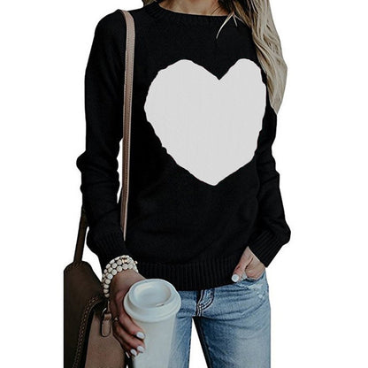 Women's Autumn & Winter Heart Pattern Pullover – Casual O-Neck Loose Knit Sweater