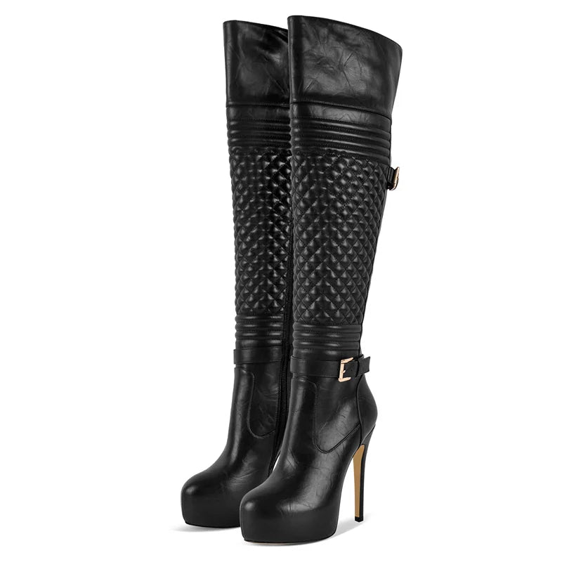 Women's Black Over-the-Knee High Heel Boots with Metal Chain