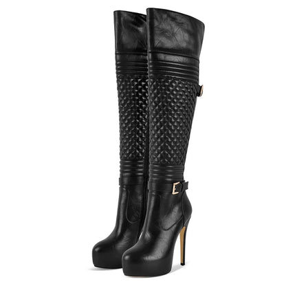 Women's Black Over-the-Knee High Heel Boots with Metal Chain
