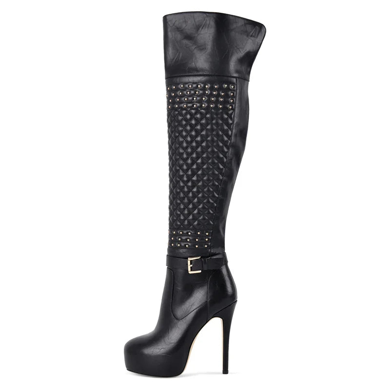 Women's Black Over-the-Knee High Heel Boots with Metal Chain