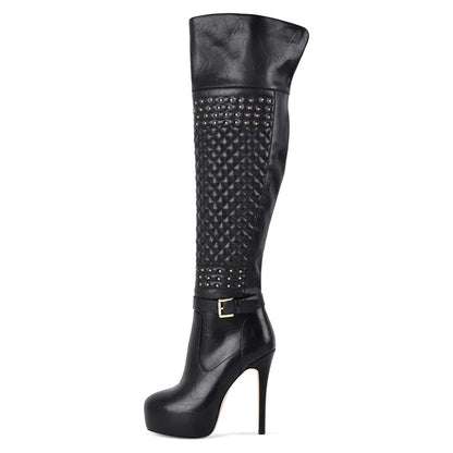 Women's Black Over-the-Knee High Heel Boots with Metal Chain